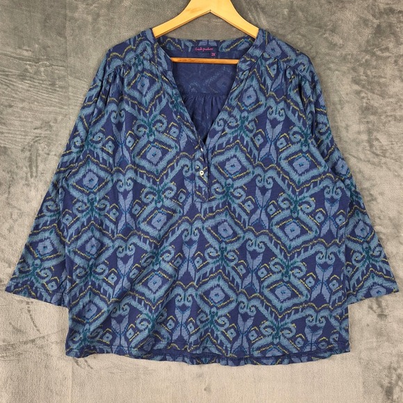 fresh produce Tops - Fresh Produce Top Womens 2X Blue Geometric Popover Henley Boxy Resort Casual